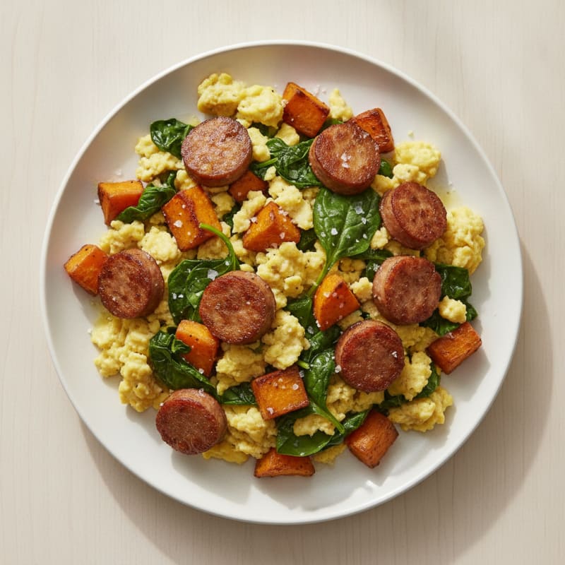 Crispy Turkey Sausage and Spinach Egg Scramble with Sautéed Sweet Potatoes