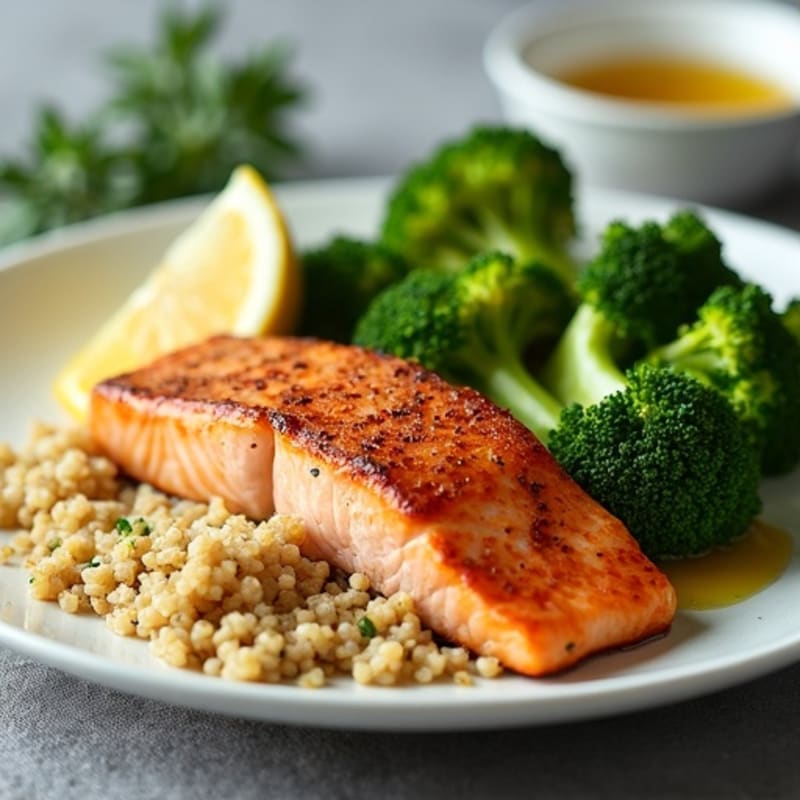 Seared Salmon with Steamed Broccoli and Quinoa
