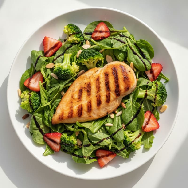 Grilled Chicken Breast Salad with Mixed Greens and Fresh Strawberries