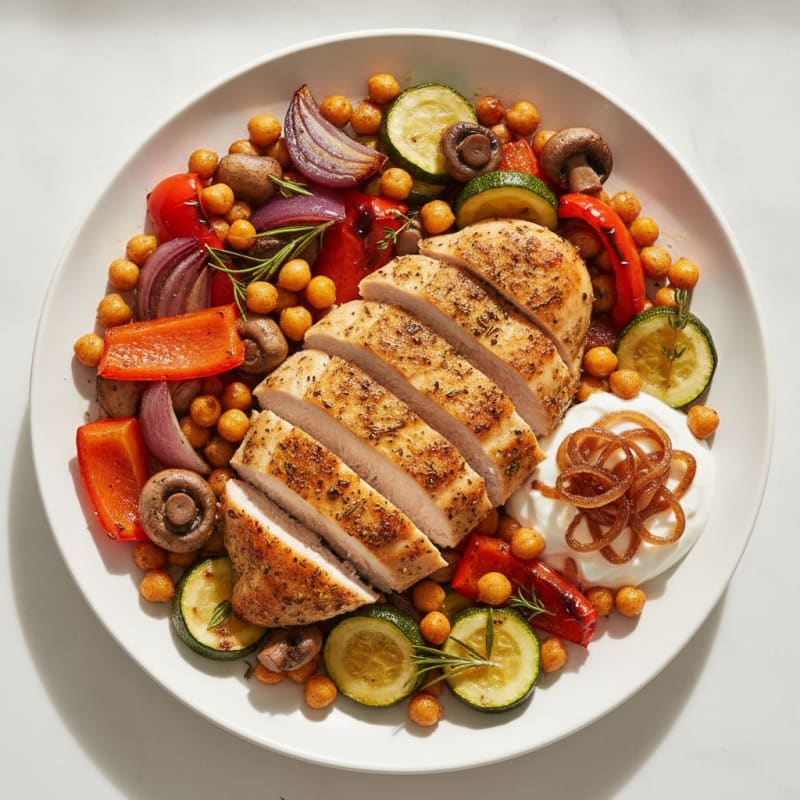 Sheet Pan Herb-Roasted Chicken with Mushrooms, Onions, and Bell Peppers