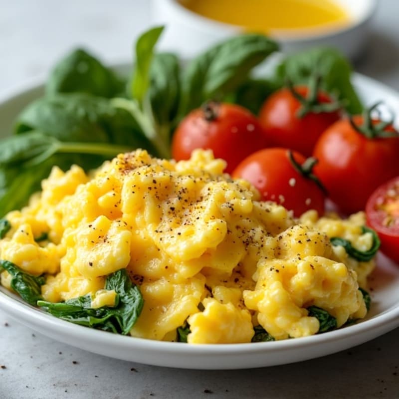 Fluffy Scrambled Eggs with Fresh Spinach and Cherry Tomatoes
