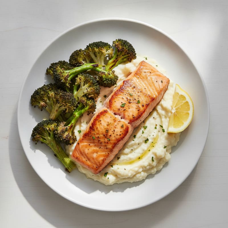 Seared Salmon Fillet with Roasted Broccoli and Garlic Mashed Cauliflower
