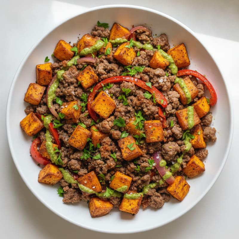 Smoky Ground Beef and Roasted Sweet Potato Power Bowl
