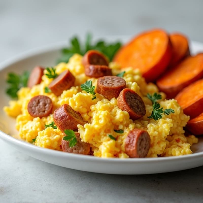 Egg and Turkey Sausage Scramble with Roasted Sweet Potatoes