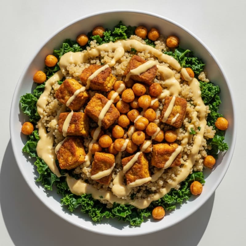 Crispy Tempeh Quinoa Power Bowl with Roasted Chickpeas