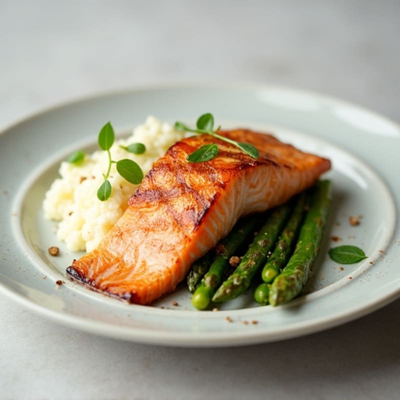 Seared Salmon with Roasted Asparagus and Cauliflower Mash