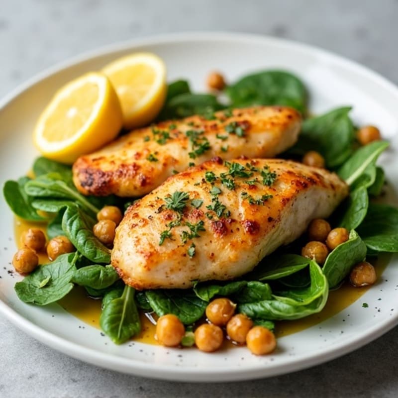Lemon Herb Roasted Chicken with Crispy Chickpeas and Fresh Greens