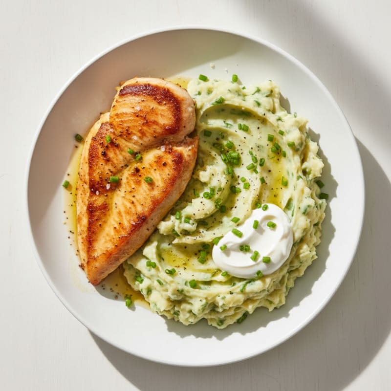 Garlic Herb Mashed Potatoes with Chives and Seared Chicken