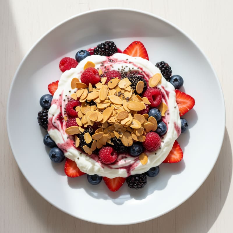 Greek Yogurt Protein Parfait with Mixed Berries and Almonds