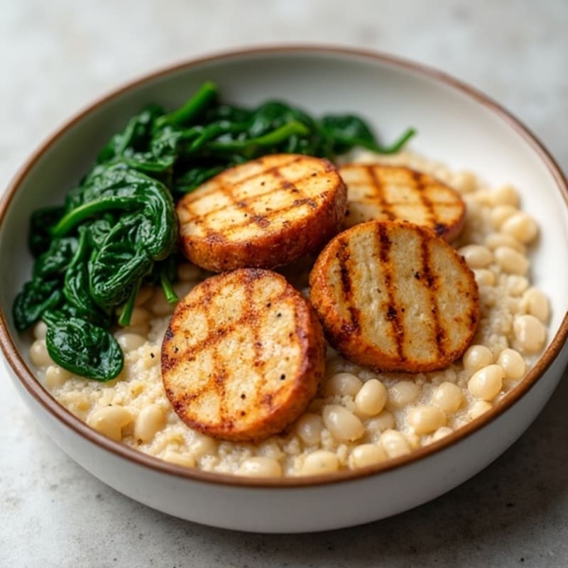 Grilled Tempeh Steaks with Creamy White Bean Mash and Sautéed Spinach