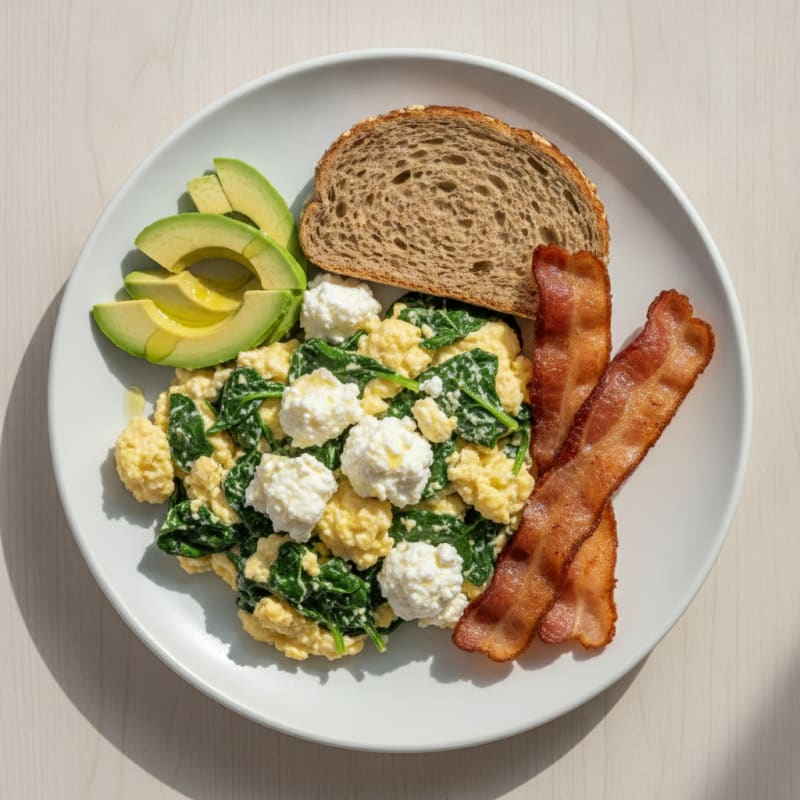 Cottage Cheese Scramble with Spinach and Turkey Bacon