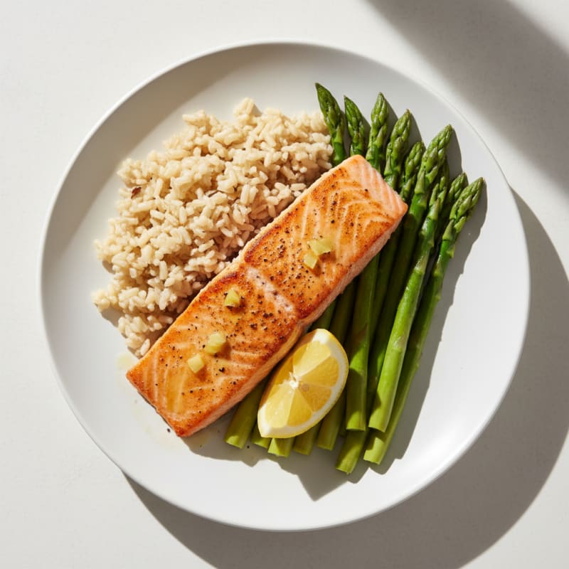 Seared Salmon with Steamed Asparagus and Brown Rice