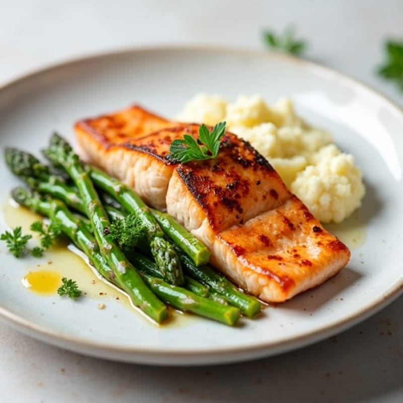 Seared Salmon with Steamed Asparagus and Cauliflower Mash