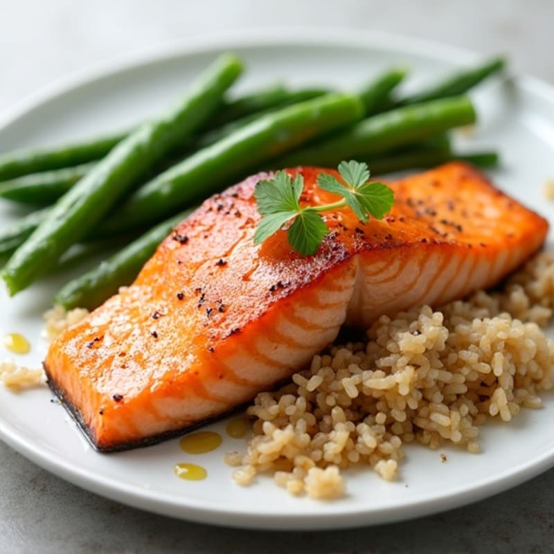 Seared Salmon with Garlic Green Beans and Brown Rice