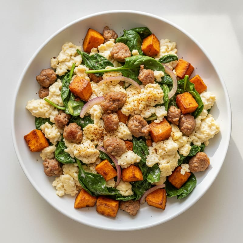 Egg White and Turkey Sausage Scramble with Spinach and Sweet Potato