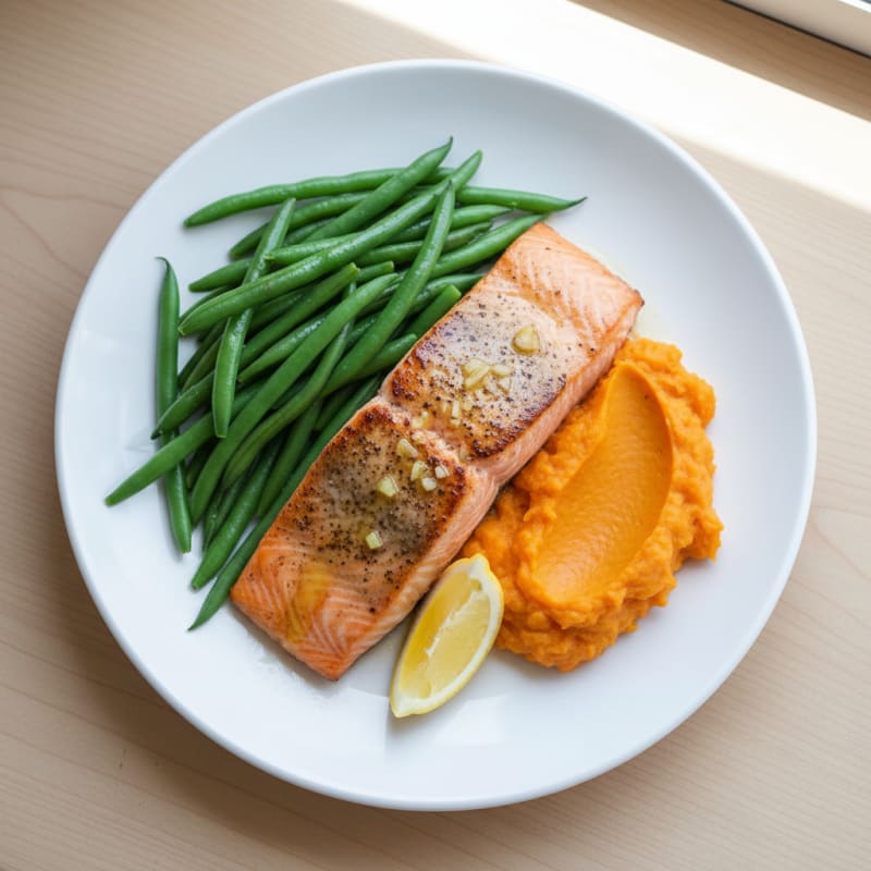 Seared Salmon with Steamed Green Beans and Sweet Potato Mash