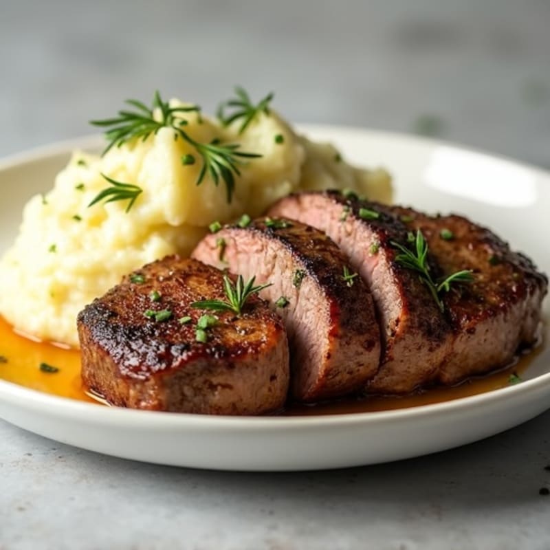 Herb-Crusted Steak with Roasted Garlic Mashed Potatoes