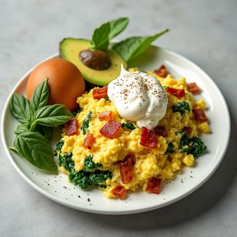 Egg White and Spinach Scramble with Cottage Cheese and Turkey Bacon