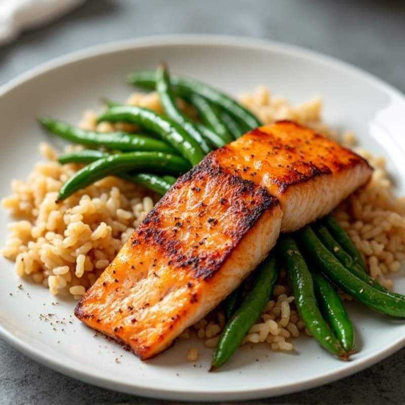 Seared Salmon with Garlic Green Beans and Brown Rice