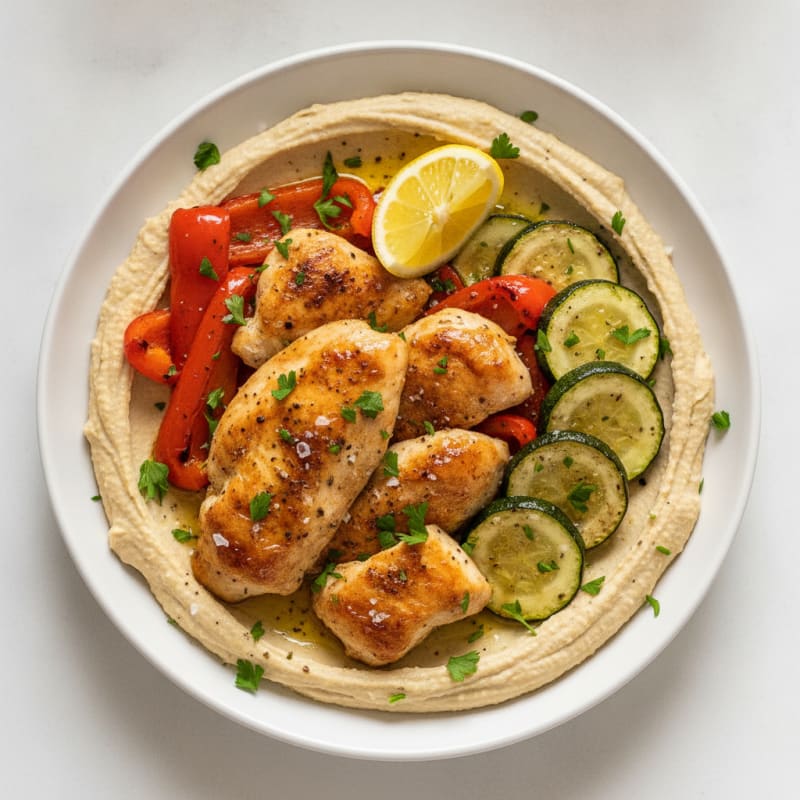Mediterranean Hummus Platter with Roasted Chicken and Vegetables