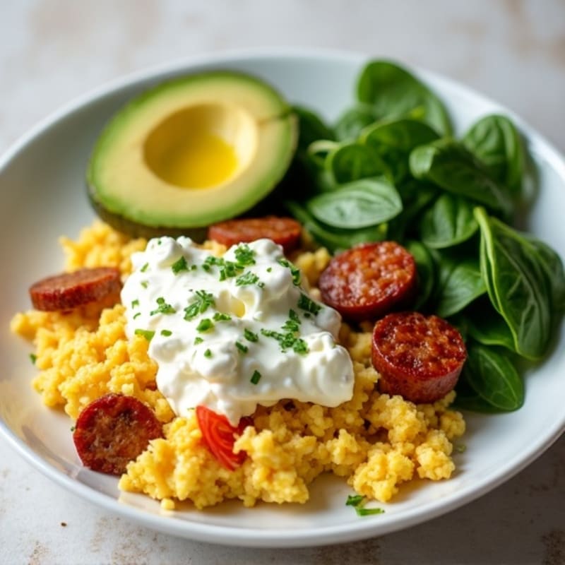 Egg White and Turkey Sausage Scramble with Cottage Cheese and Spinach