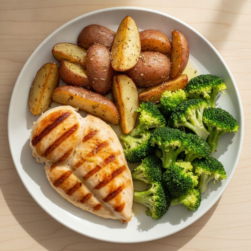 Grilled Chicken Breast with Roasted Potatoes and Steamed Broccoli