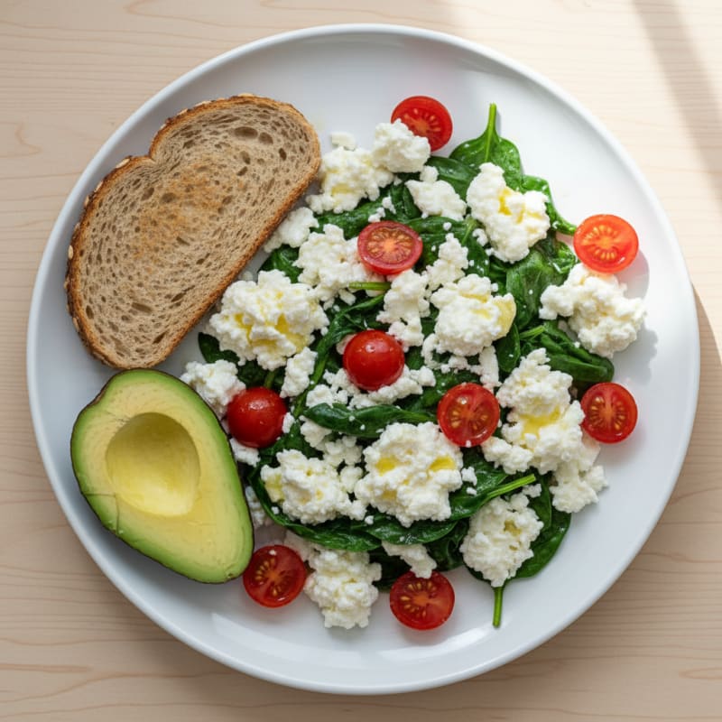 Egg White and Spinach Scramble with Cottage Cheese and Cherry Tomatoes