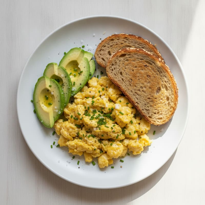 Olive Oil Scrambled Eggs with Avocado