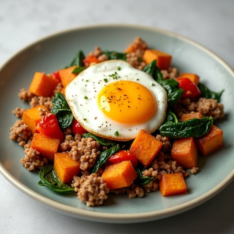 Crispy Sweet Potato and Lean Turkey Skillet with Baked Eggs