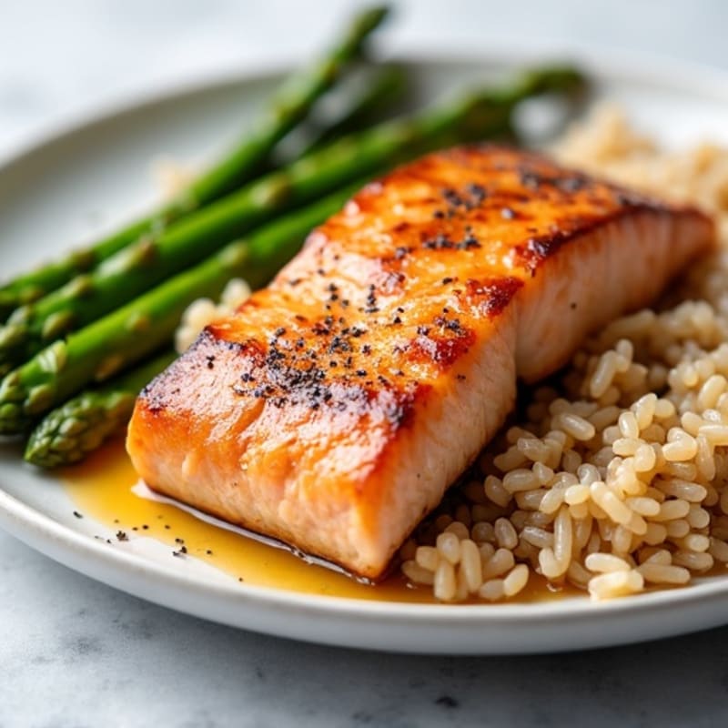 Seared Salmon Filet with Steamed Asparagus and Brown Rice