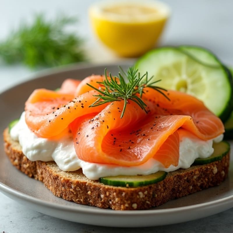 Smoked Salmon with Creamy Dill Spread, Crisp Whole Grain Toast, and Fresh Cucumber