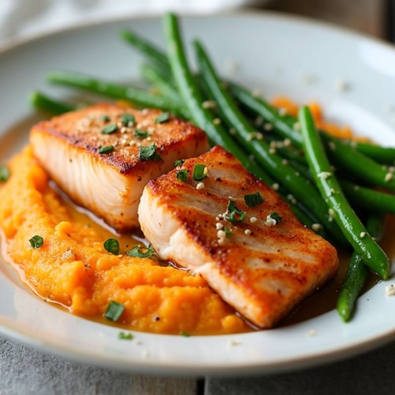 Seared Salmon with Garlic Green Beans and Sweet Potato Mash