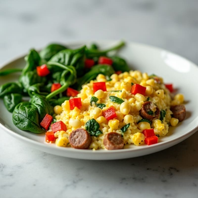 Egg White and Turkey Sausage Scramble with Sautéed Spinach