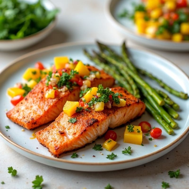 Crispy Pan-Seared Salmon with Spicy Mango Salsa and Roasted Asparagus