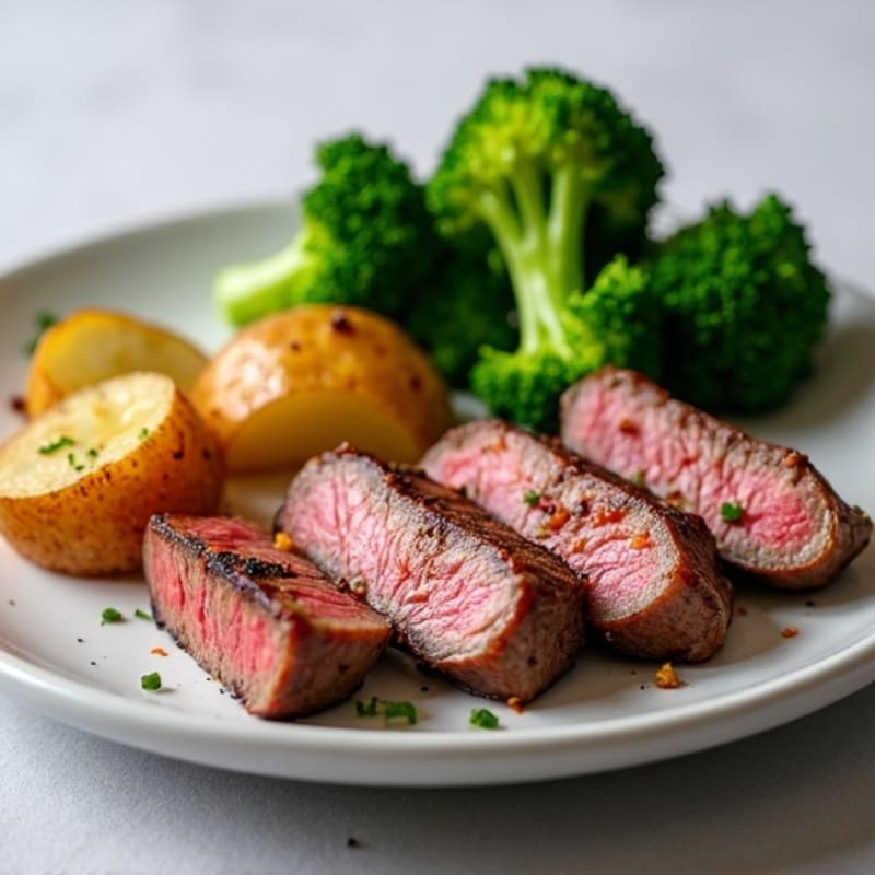 Grilled Beef Strips with Roasted Potato and Steamed Broccoli