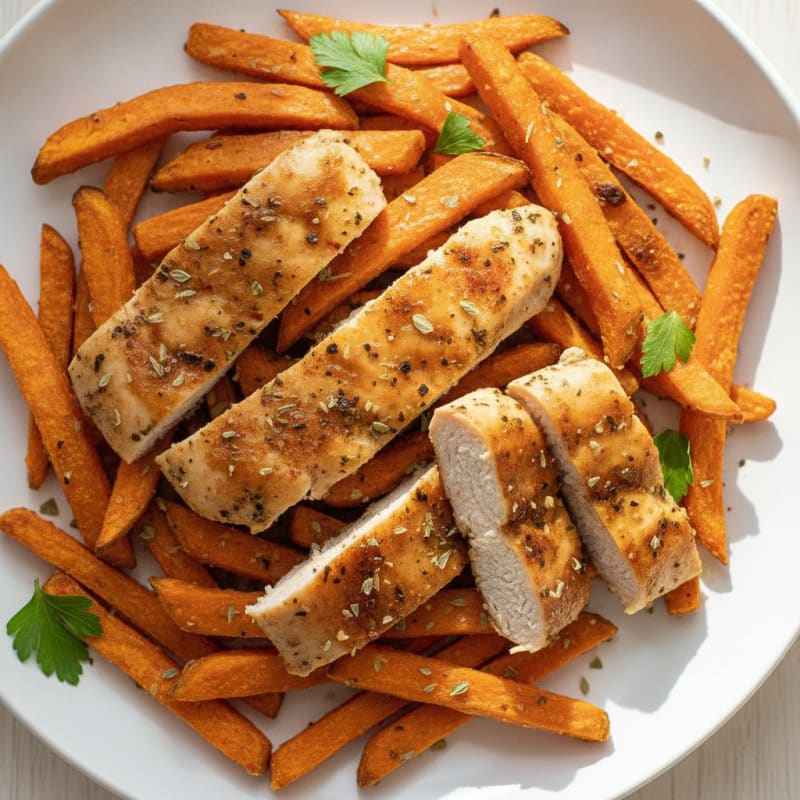 Baked Sweet Potato Fries with Herb-Seasoned Chicken