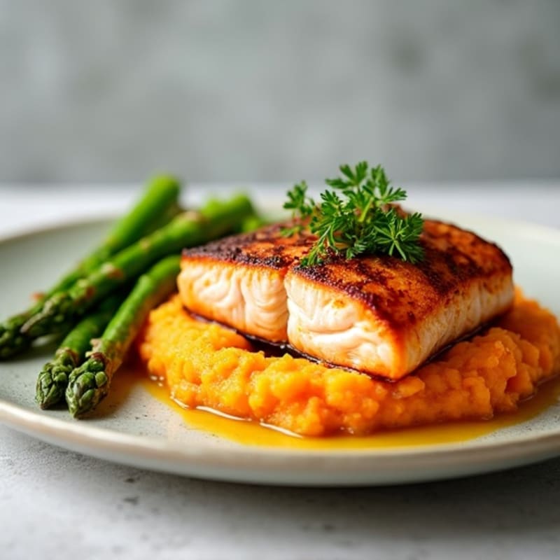 Seared Salmon with Steamed Asparagus and Sweet Potato Mash