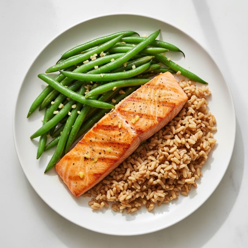 Seared Salmon Fillet with Garlic Green Beans and Brown Rice