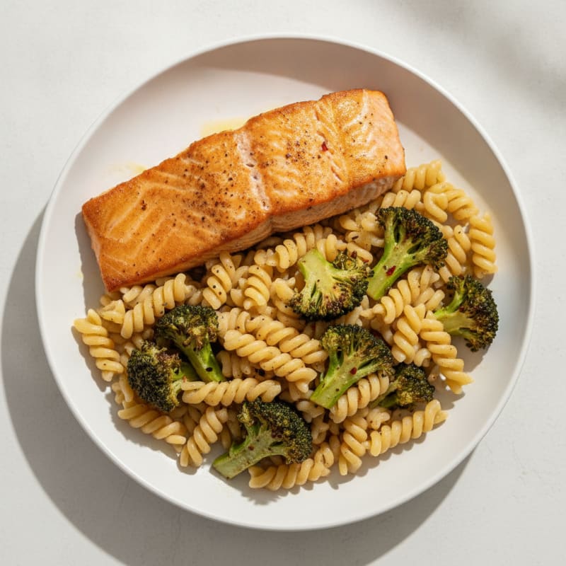 Seared Salmon with Roasted Broccoli and Chickpea Pasta