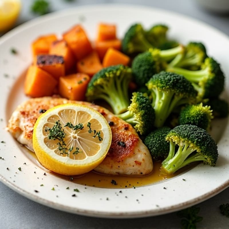 Lemon Herb Roasted Chicken with Crispy Roasted Broccoli and Sweet Potatoes