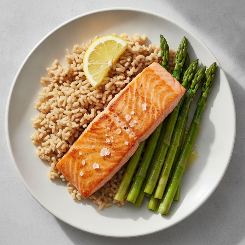 Seared Salmon Fillet with Steamed Asparagus and Brown Rice