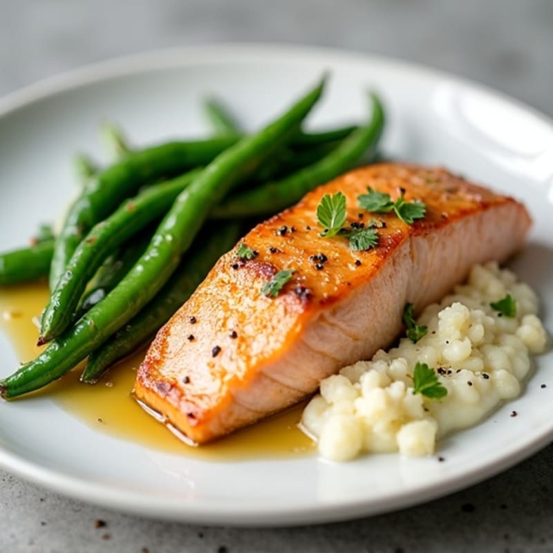 Seared Salmon with Garlic Green Beans and Cauliflower Mash