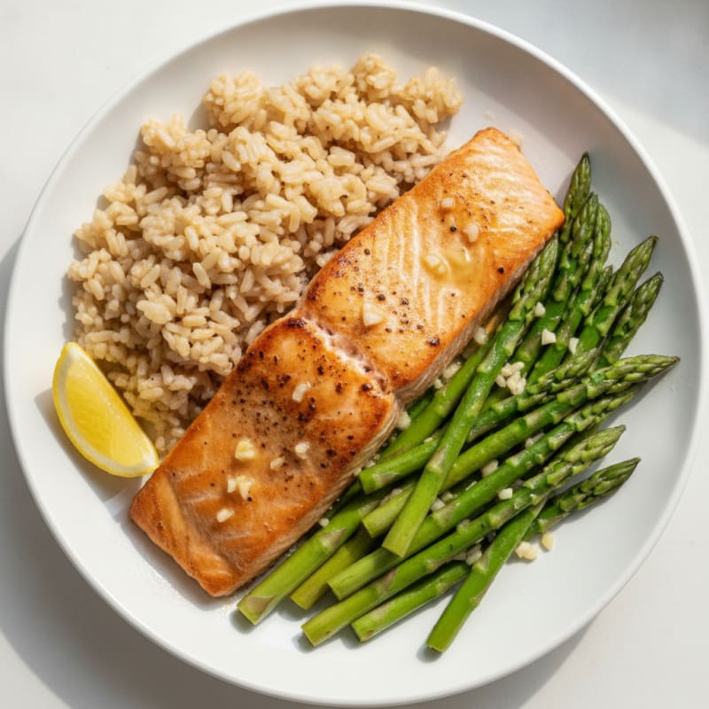 Seared Salmon with Steamed Asparagus and Brown Rice
