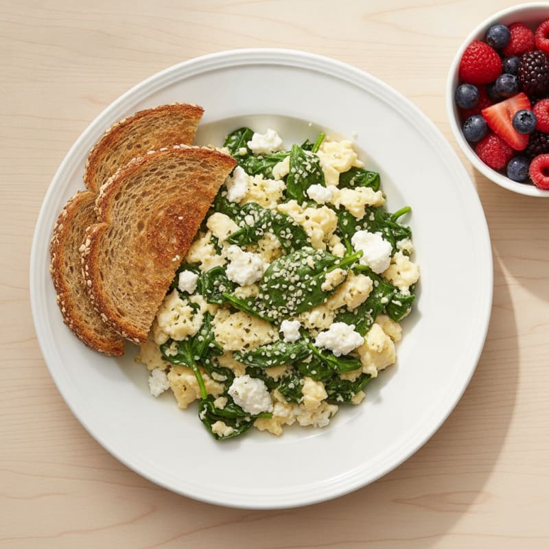 Egg White Spinach Scramble with Cottage Cheese and Fresh Berries
