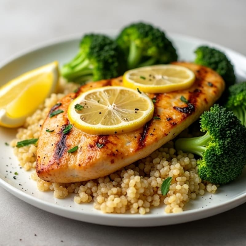 Grilled Lemon-Garlic Chicken Breast with Quinoa and Roasted Broccoli