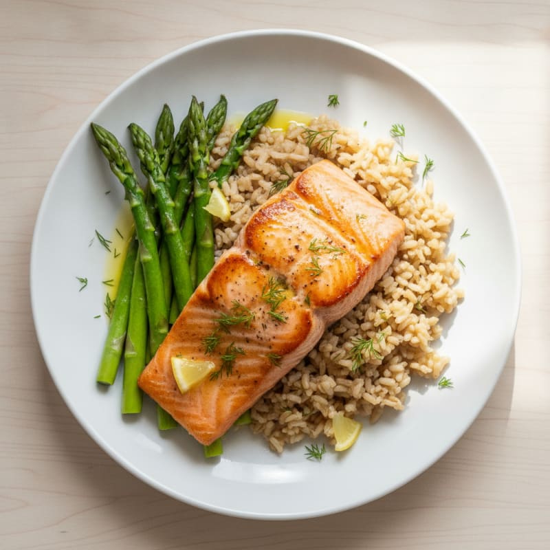 Seared Salmon with Steamed Asparagus and Brown Rice