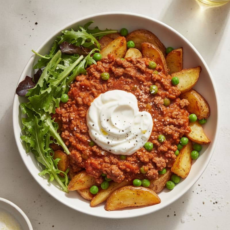 Beef Bolognese with Roasted Potatoes and Peas