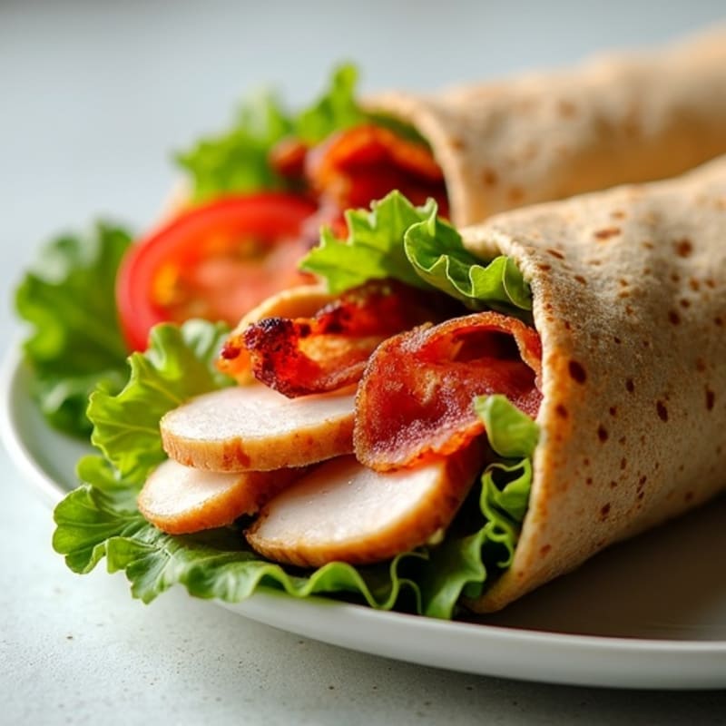 Turkey Whole Grain Wrap with Crispy Bacon, Fresh Lettuce, and Tomato