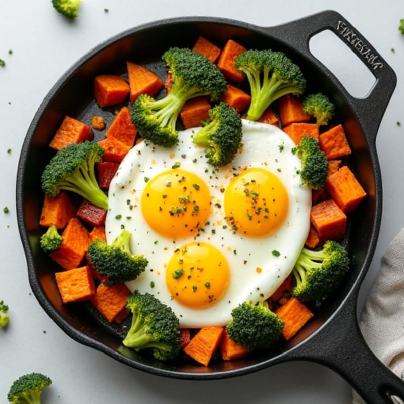 Sheet Pan Eggs with Roasted Sweet Potatoes and Broccoli
