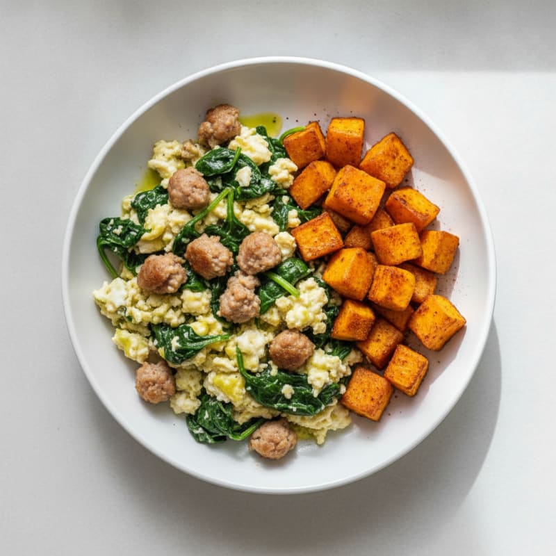 Egg White and Turkey Sausage Scramble with Sautéed Spinach and Roasted Sweet Potatoes